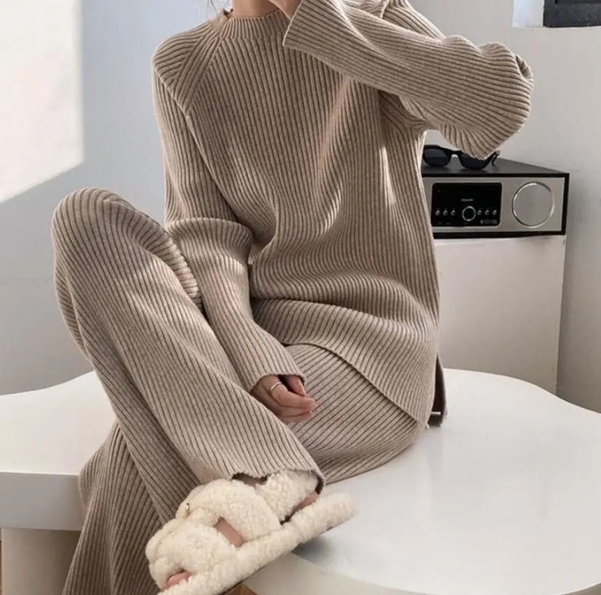 New Autumn/Winter Fashion Long Sleeved Round Neck Knitted Solid Color Slim Fit Shirt + Wide Leg Pants Set For Women,6 Colors