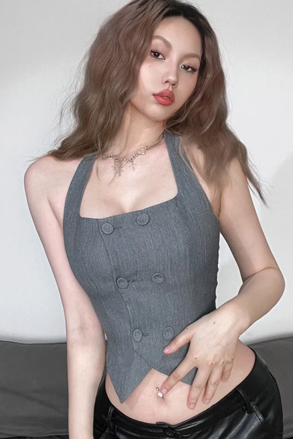 

Women's Summer Mist Gray Asymmetric Halter Sleeveless Crop Top Slim Fit Petite Chic Versatile Camisole Fashion Female Clothing
