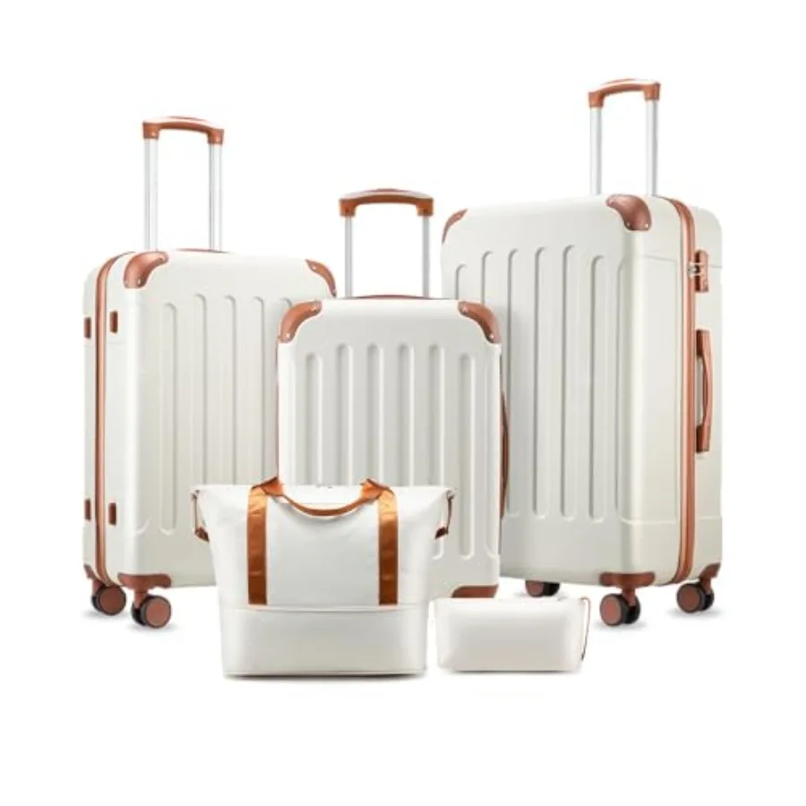 

Набор из 5 предметов: жесткий чемодан на колесах, одобренный TSA, белый/коричневый, для путешествий, прочный, легкий чемодан