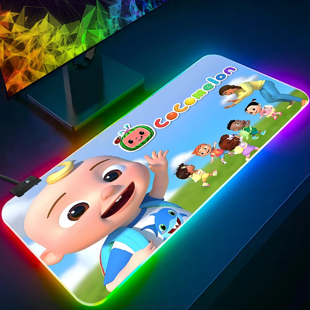 Cute Cartoon C-Cocomelon RGB Pc Gamer Keyboard Mouse Pad Mousepad LED Glowing Mouse Mats Rubber Gaming Computer Mausepad