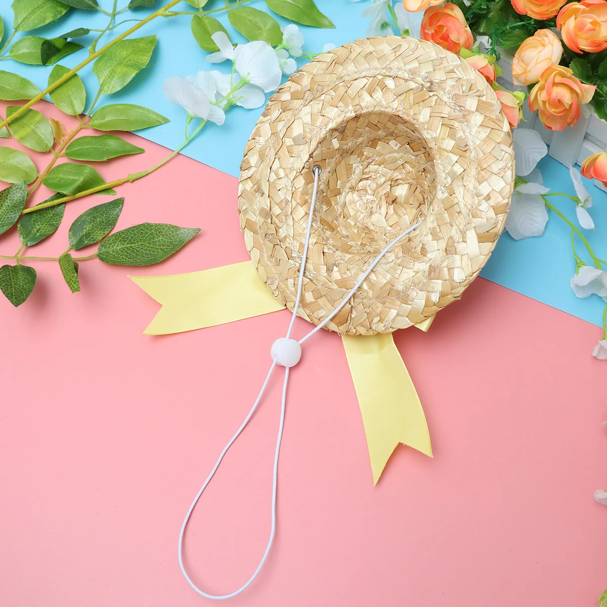 

Straw Hat for Pet Dog H crafted Lightweight Safe Floral Bowknot Decoration Party Size Brim Fashion Wooden Cats Dogs Sun Hat