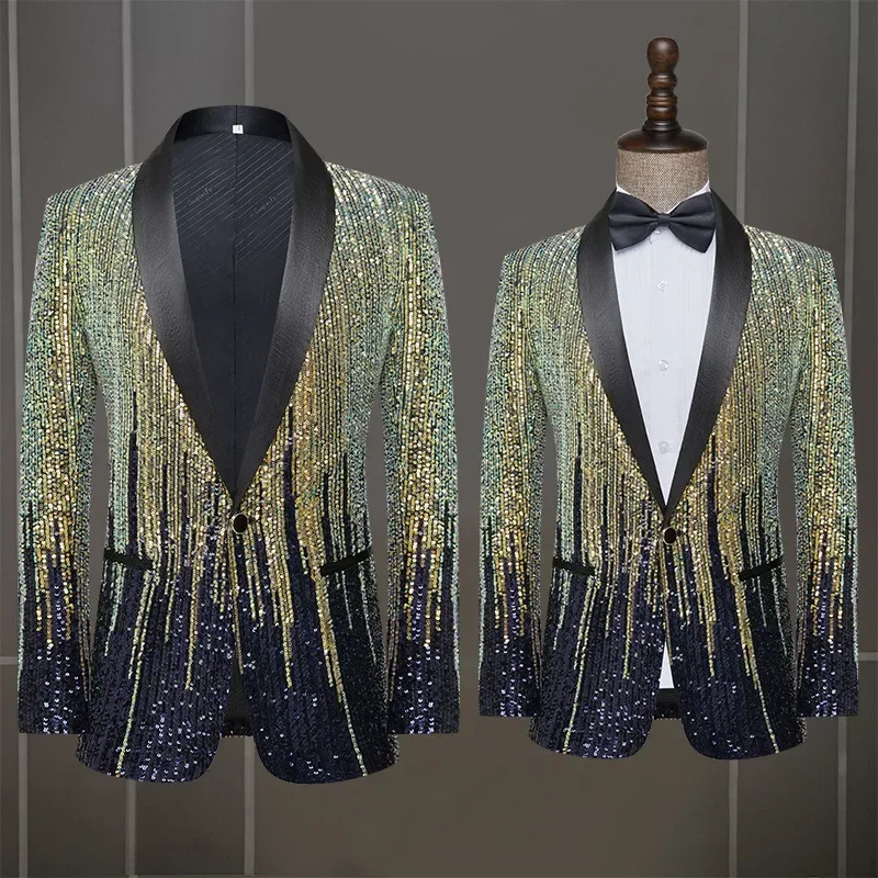 Fashion Men's Jacket Meteor Gradient Sequins Suit Coat Stage Performance Host Wedding (Only Blazer)