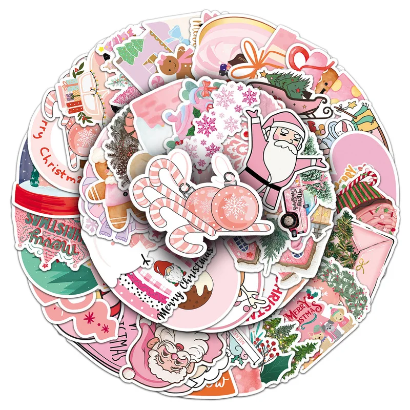 50 ملصقات صور كرتونية لعيد الميلاد الوردي مقاومة للماء لتزيين العطلات، بطاقات تهنئة ذاتية الصنع، كتب يدوية، ملصقات Guka هدية العيد #3