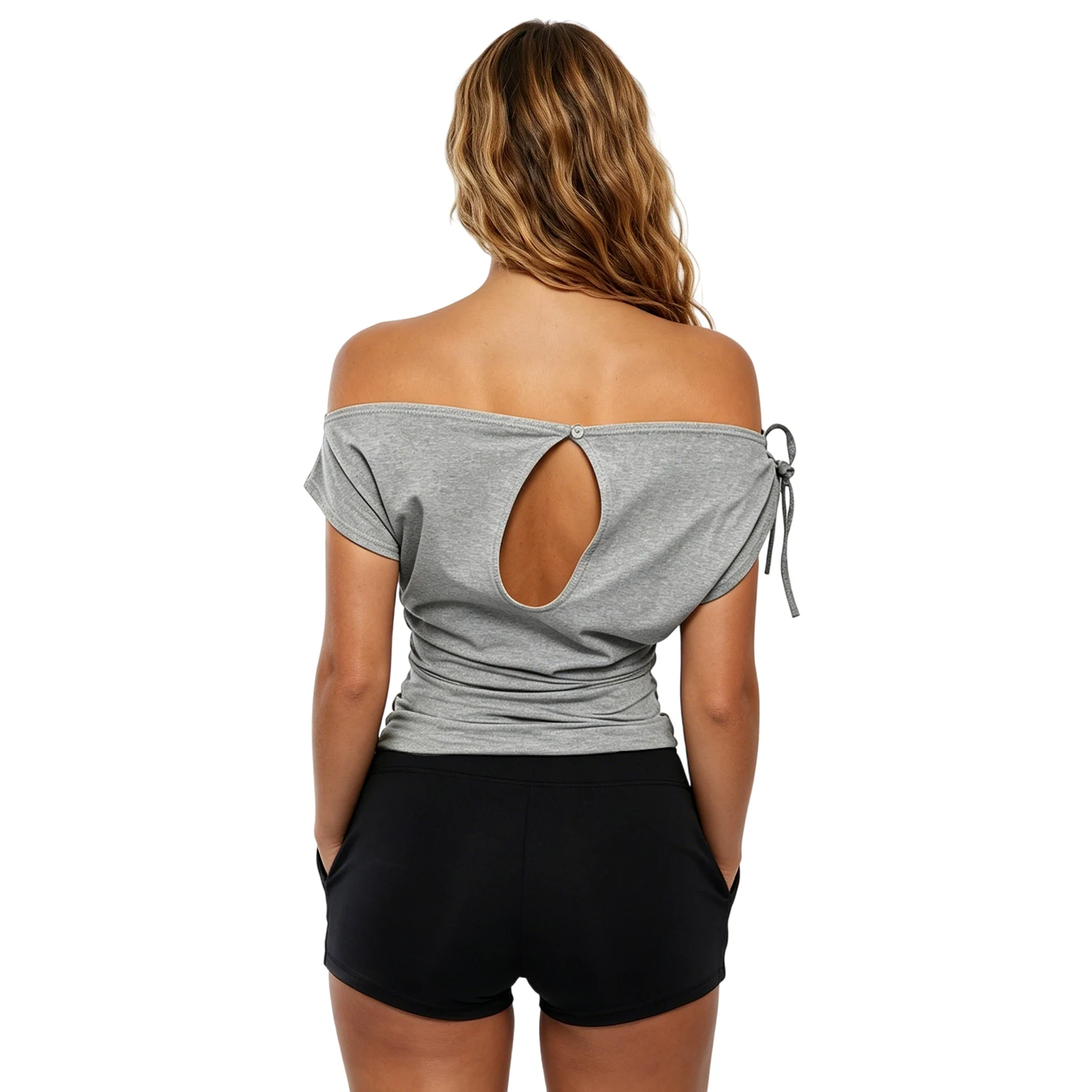 Womens Summer Basic T Shirts Off the Shoulder Solid Color Metal Eyelet Studs Decor Crop Tops