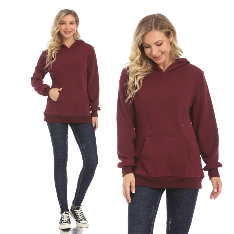 Fleece Lined Maternity Nursing Hoodie Zipper Nursing Design Long Sleeve Sweatshirt with Kangaroo Pocket for Pregnant Women