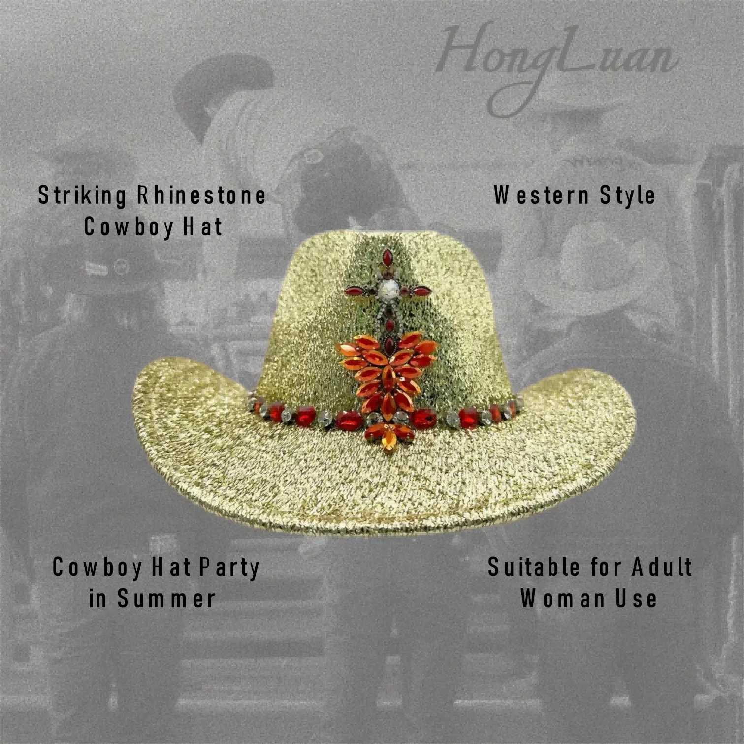 Hongluan glitter traje chapéu adulto & cowboy chapéus strass para mulher, cowboy cosplay acessórios femininos & cowgirl boné