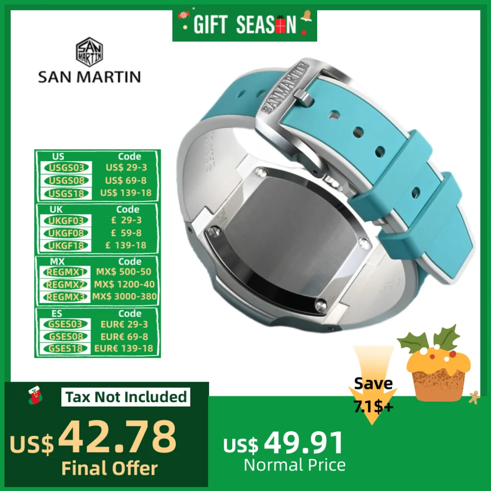 San Martin 24mm FKM Rubber Strap Fuoroelastomer Watchband 316L Stainless Steel Pin Buckle Durable Correa Reloj SF0009