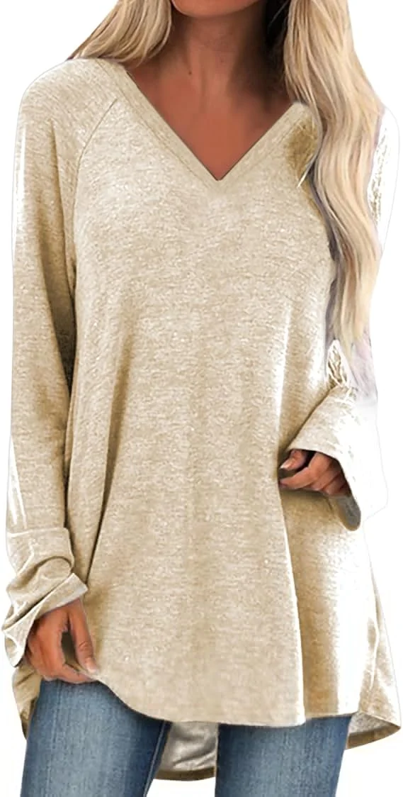 

Long Sleeve Shirts for Women Trendy V Neck Casual Loose Tunic Tops Plus Size Print Comfy Fall Winter Blouses
