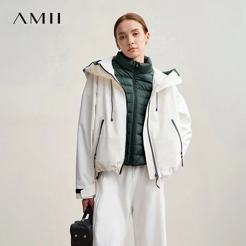 

AMII Down Jackets Woman 2025 Winter New Commuter Patchwork Hooded Long Sleeves Jacket Short Loose Warm Women's Top 12544036