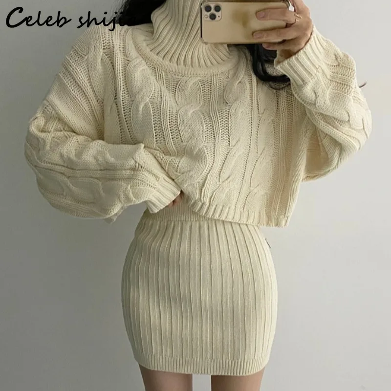 

2023 Thicken Turtleneck Sweater + Mini Skirts Women Winter Fall Knitted 2 Piece Sets Ladies Vintage Loose Chic Y2k Knitwear Sets