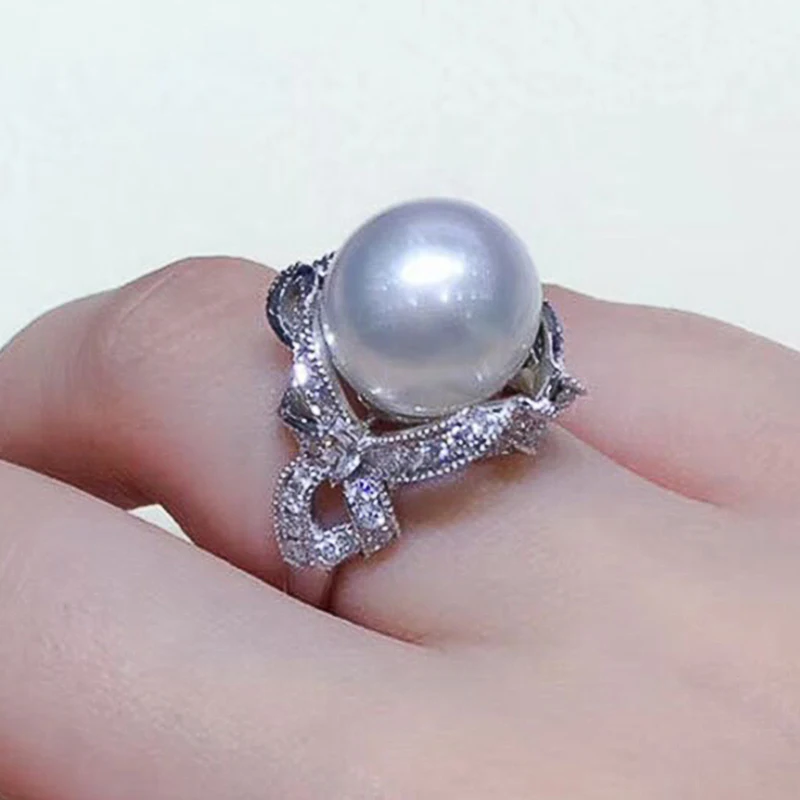 Huitan Gorgeous Aesthetic Simulated Pearl Ring Women Luxury Graceful Finger Jewelry for Wedding Party Shiny Zirconia Accessories