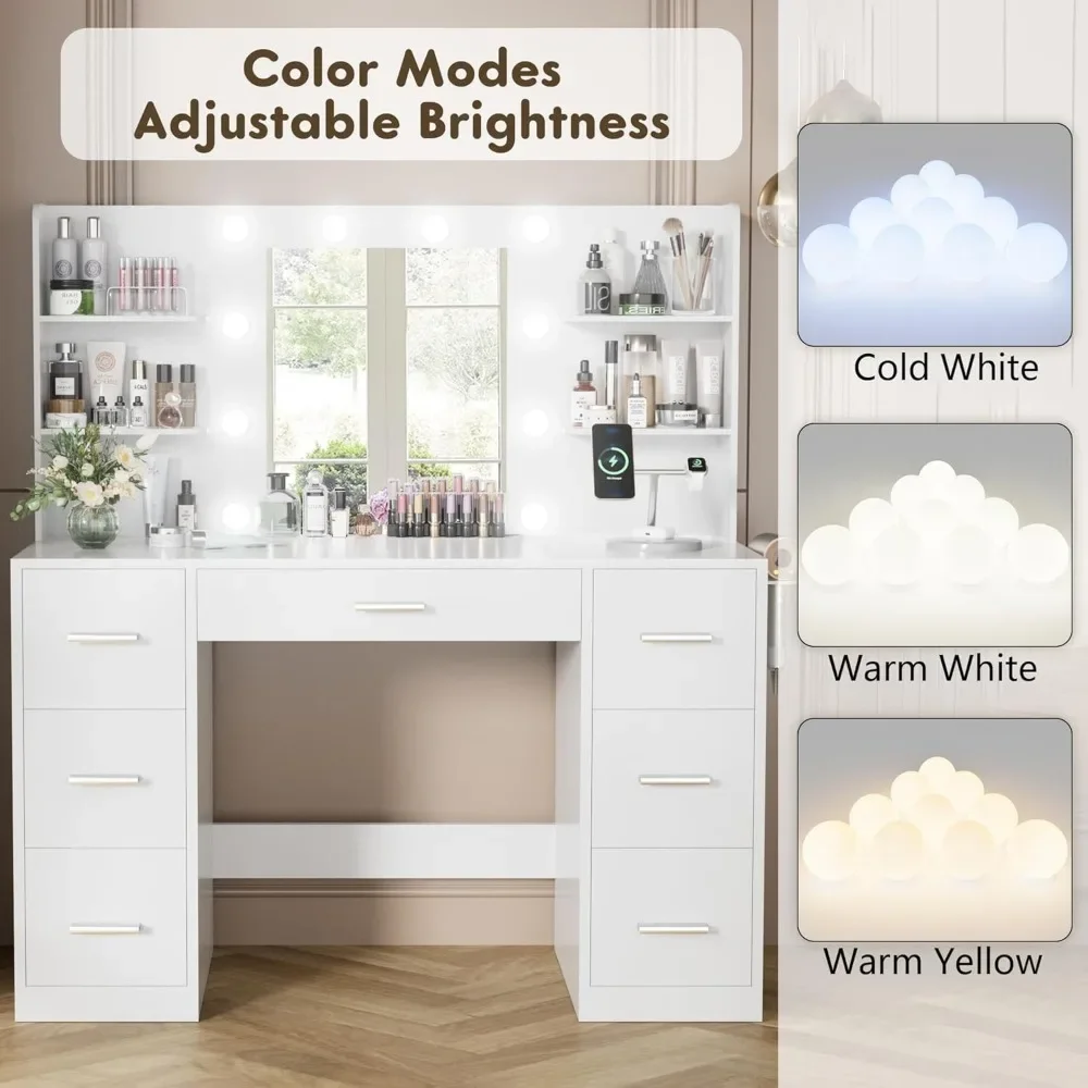Makeup Vanity Desk with Power Outlet, 7 Drawers Vanity Table with Cushioned Stool, 3 Lighting Modes Brightness Adjustable,White
