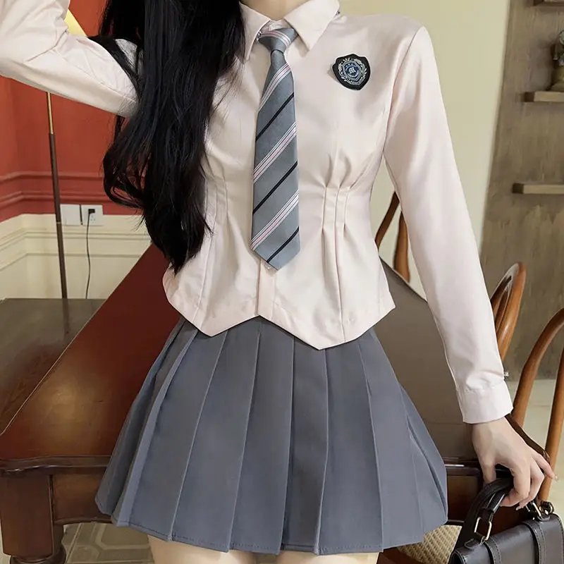 Japanischer koreanischer Stil College-Stil Schul kostüm rosa Bund Uniform Hemd würziges Mädchen lang ärmel ige plissierte kurze Top jk Set