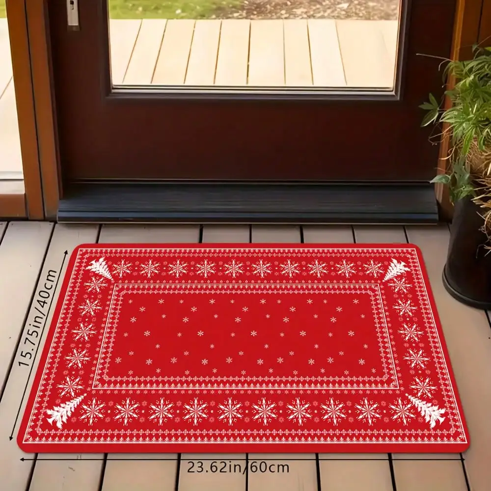 1pc Red Background With White Snowflake And Pine Branch Border Doormat, Washable Polyester, Non-Slip Rubber Backing, Soft And Slip-Resistant, Suitable