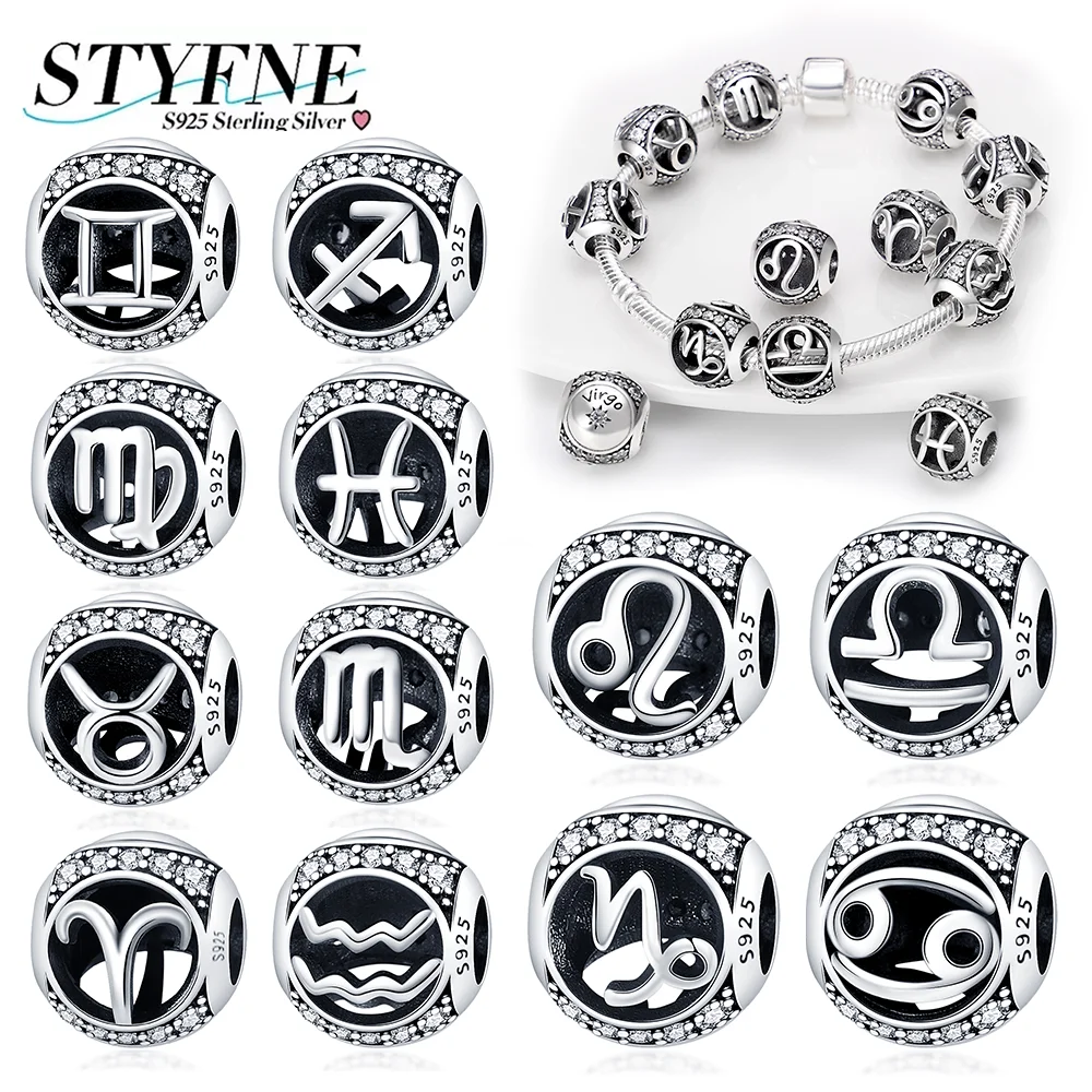 

Silver 925 Zircon Twelve Constellations Charms Sagittarius Libra Scorpio Beads Fit DIY Original Bracelet Fine Jewelry Making