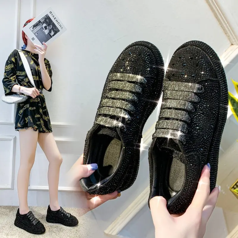 Women\'s Shoes Platform Crystal Round Toe Modis Casual Female Sneakers Autumn Clogs Rhinestone Small 2022 Fall New Lace-Up Solid