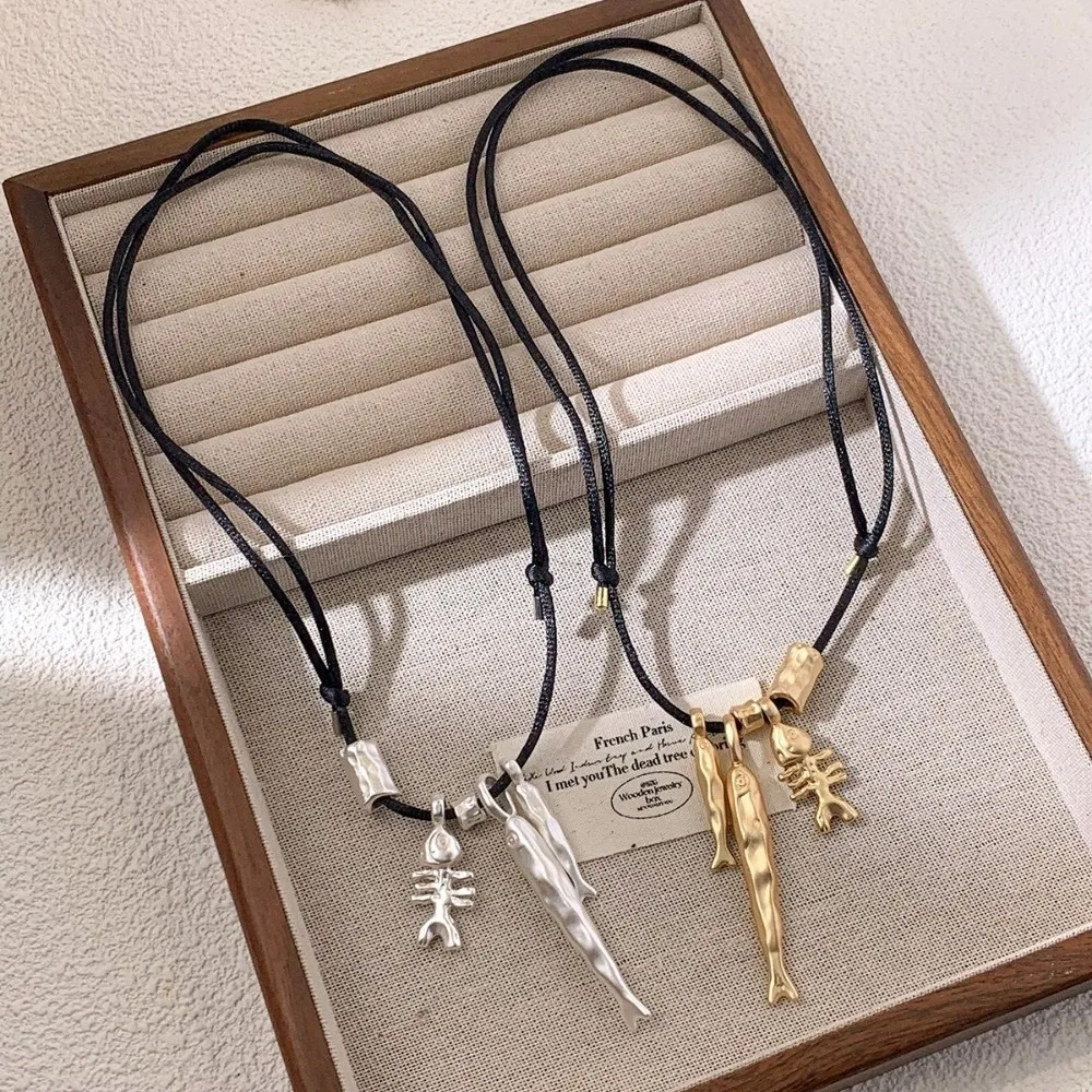 Vintage Fish Pendant Necklace Adjustable Massive Large Charms Bone Pendant Choker Gold and silver Long Sweater Chain Casual Wear