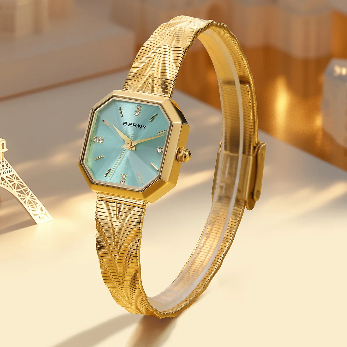 BERNY Gold Watch For Women Octagonal Ladies Quartz Wristwatch Stainless Steel Women Ice Blue Small Golden Watch Luxury Watches