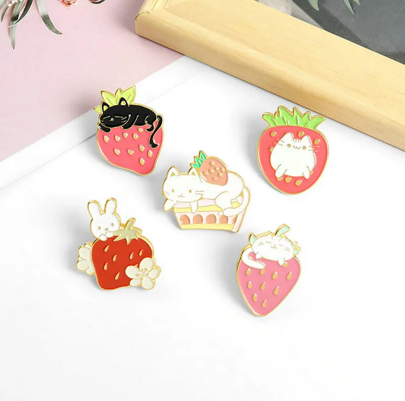 Sweet Strawberry Garden Enamel Pins Custom Cat Bunny Fruit Cake Brooches Shirt Lapel Badge Bag Cartoon Jewelry Gift for Kids