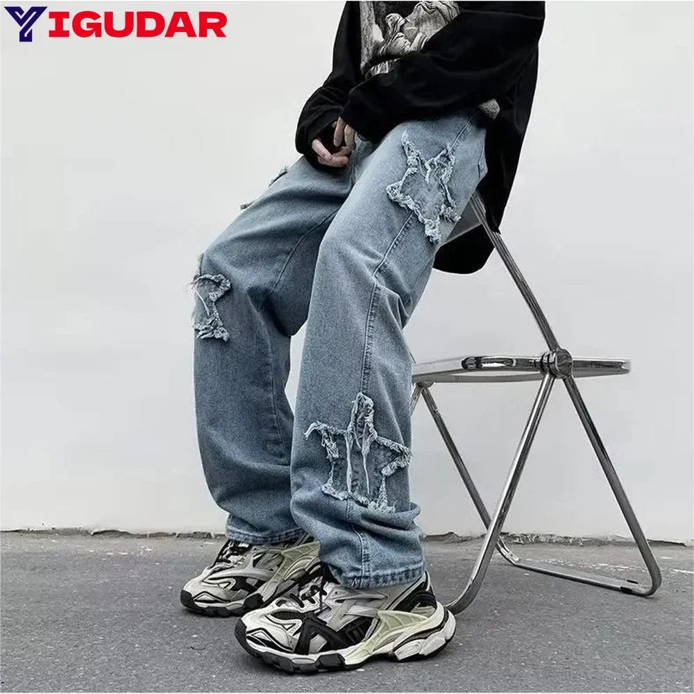

Мешковатые джинсы большого размера, мужские модные повседневные широкие джинсы в стиле ретро, мужская уличная одежда, свободные прямые джинсовые брюки в стиле хип-хоп, мужские брюки