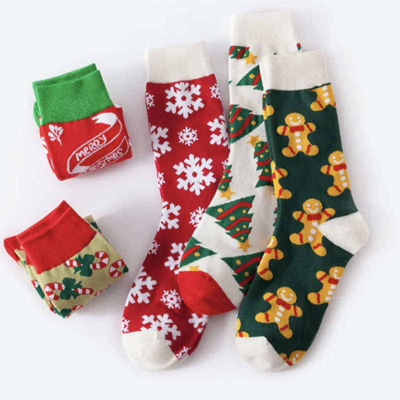 1 Pair Of Cartoon Cute Christmas Series Snowflakes, Cookie-man, Christmas Tree, Breathable And Comfortable Men\'s And Women\'s Mid