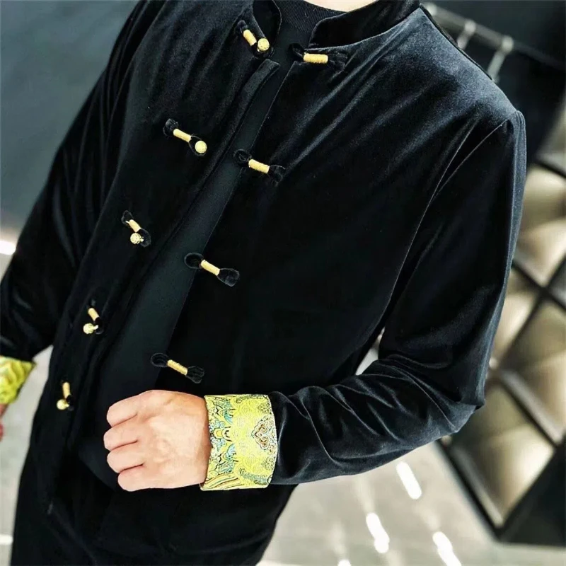 Spring and Autumn New Jackets Men\'s Stand Up Collar 2024 Fashion Chinese Style Tang Costume Buckle Gold Velvet All-match Coats