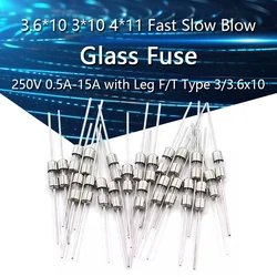 20Pcs/lot 3.6*10 3*10 4*11 Glass fuse Fast Slow blow 250V 0.5A 1A 2A 3A 3.15A 4A 5A 6.3A 10A 15A with legs F/T type 3.6x10 3x10