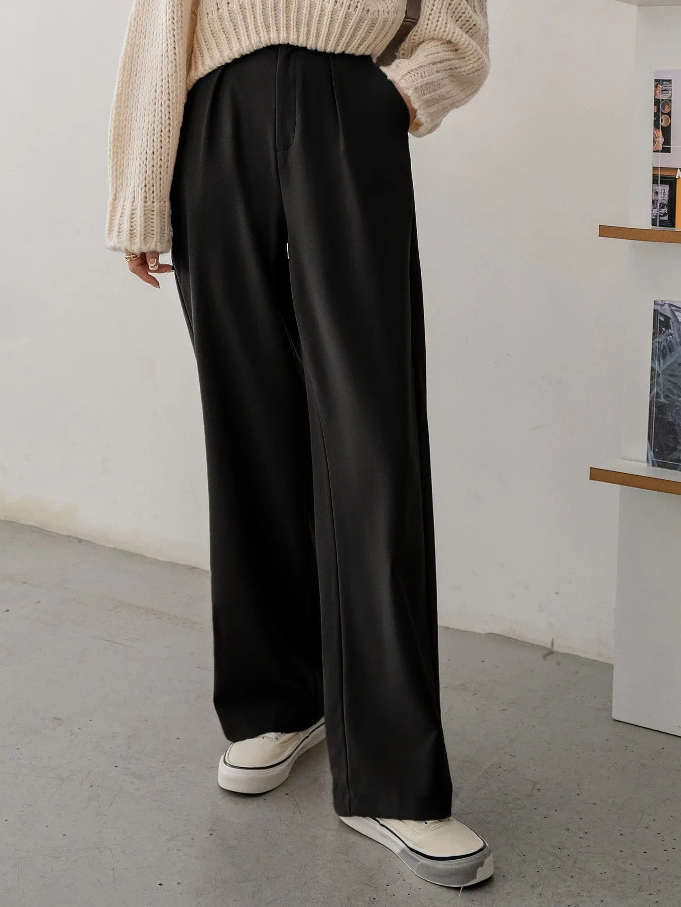 

Women Solid Pleated Loose Straight Wide Leg Dress Pants Business Casual