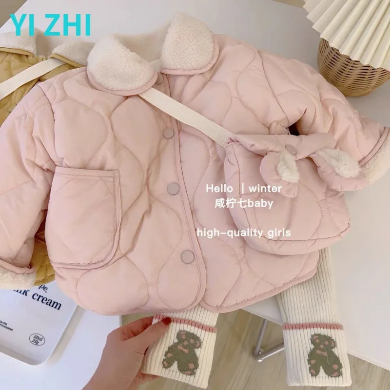 Girls Cotton Jacket WinterKorean Style Childrens Plush Cotton Jacket Fashionable Sweet Winter Outfit Thickened Warm Jacket