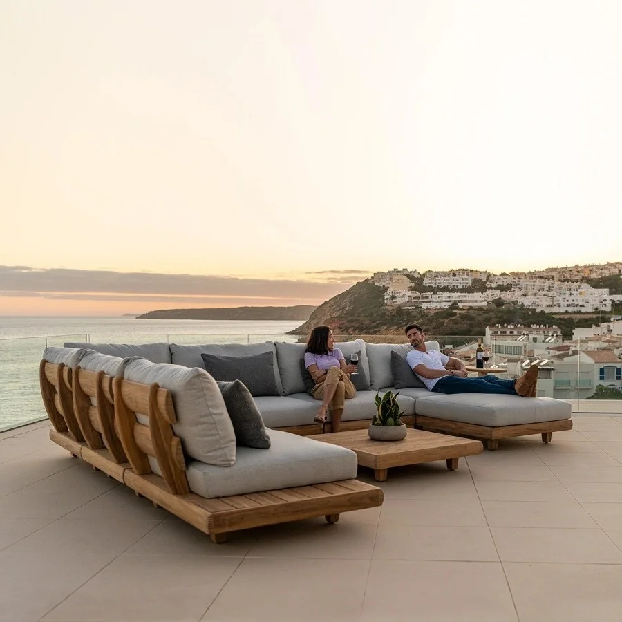 #Outdoor Nordic Teak Sofa Set Courtyard Villa Rainproof Sunscreen Movable Combination Furniture