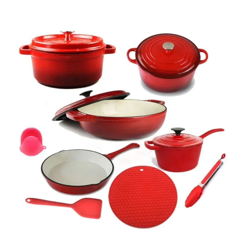 

Home kitchen enamel coated polished cast iron non stick cooking pots cookware set casseroles Low MOQ soup stock pot skillets