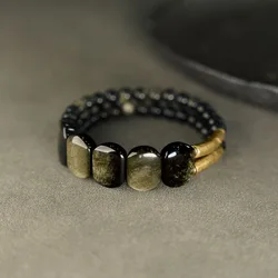 Natrual Golden Obsidian Stone Brass Bracelet Metal Two Row Beaded Small Beads Romantic Peace Unisex Punk Street Black Jewelry