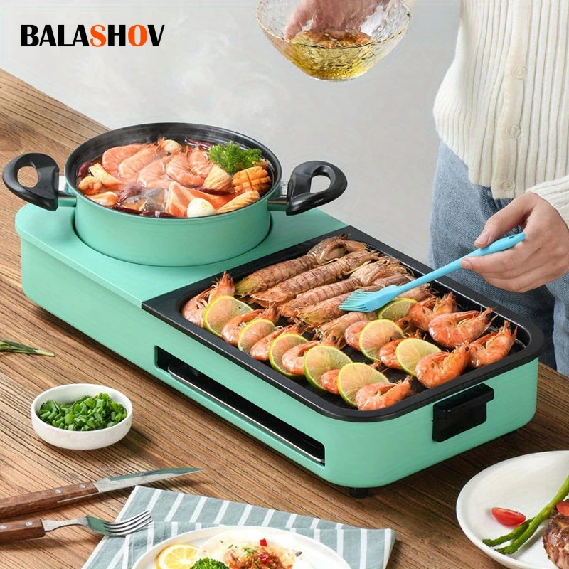 3 in 1 Electric Grill and Hot Pot Portable Smokeless BBQ Hot Pot and Ideal for 3-6 People Multifunctional Teppanyaki Grill Pot