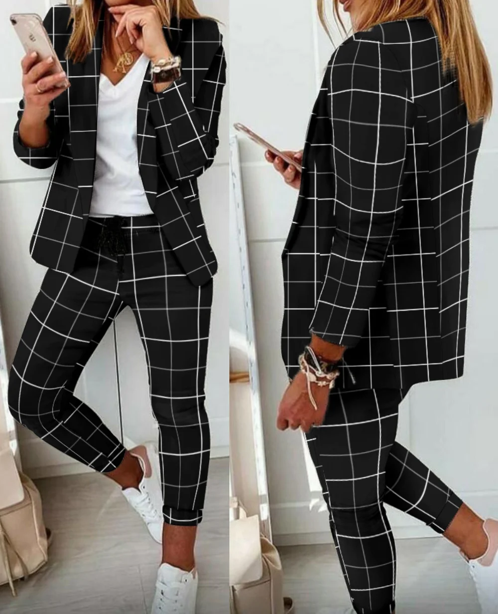 Two Piece Set Women Outfit Office Ladies 2023 Autumn Plaid Print Long Sleeve Elegant Blazer Coats & Drawstring Work Pants Set