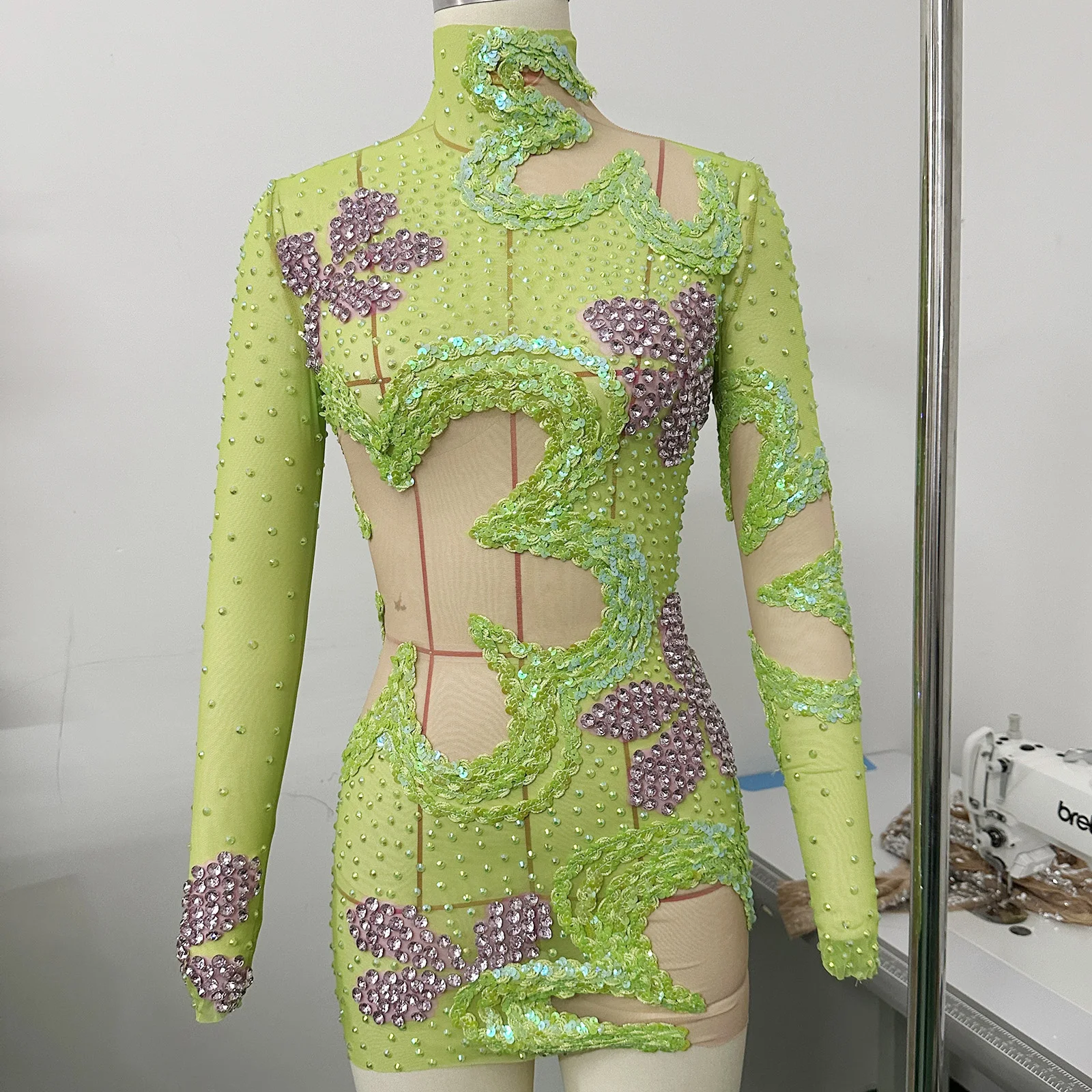Neon Color Sparkly Rhinestones Mesh See Through Bodycon Mini Daring Dress Evening Club Party Stage Costumes Factory Wholesale