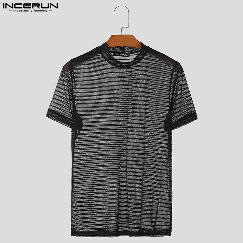 INCERUN Men T Shirt Striped Mesh Transparent Turtleneck Short Sleeve Men Clothing Streetwear 2024 Skinny Fashion Camsietas S-5XL