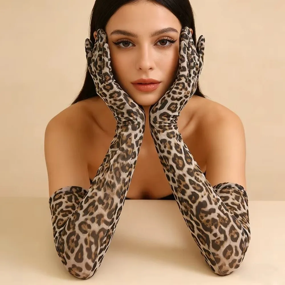 55cm Fashion Long Leopard Mesh Gloves Thin Breathable Costume Gloves Soft Stretch Disco Mittens Halloween