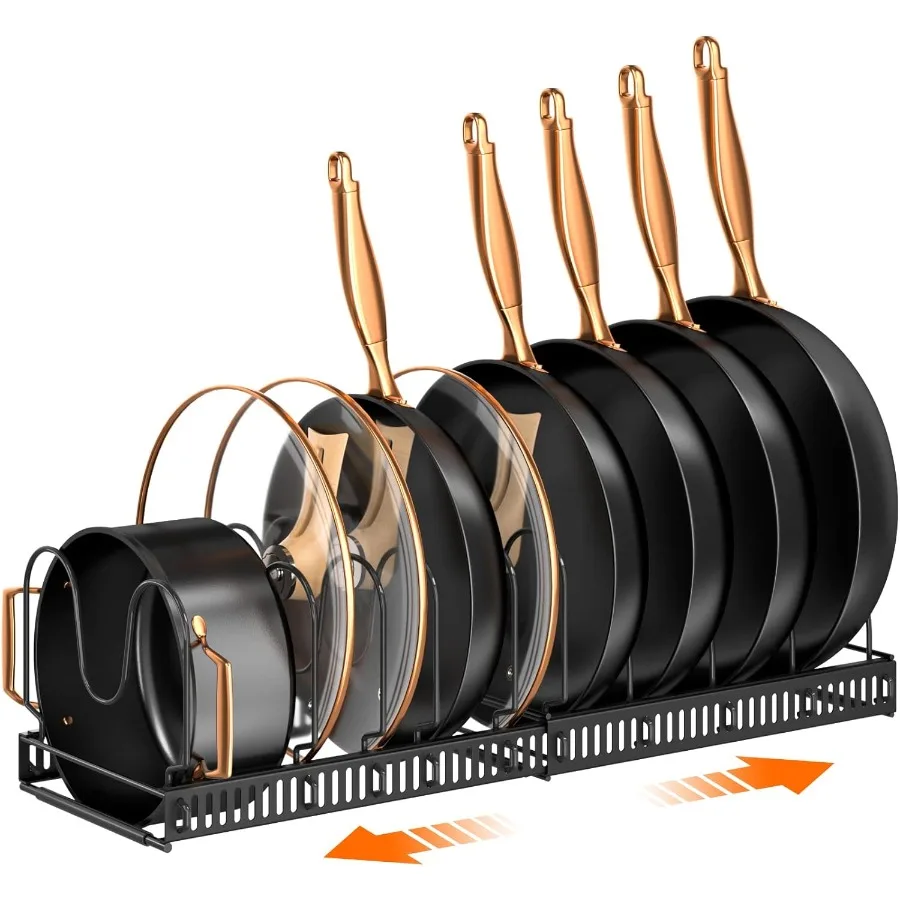 

Pots and Pans Organizer : Rack for under Cabinet Expandable Pot Lid Kitchen Cabinet Organizer Holder with 10 Adjustable Compart