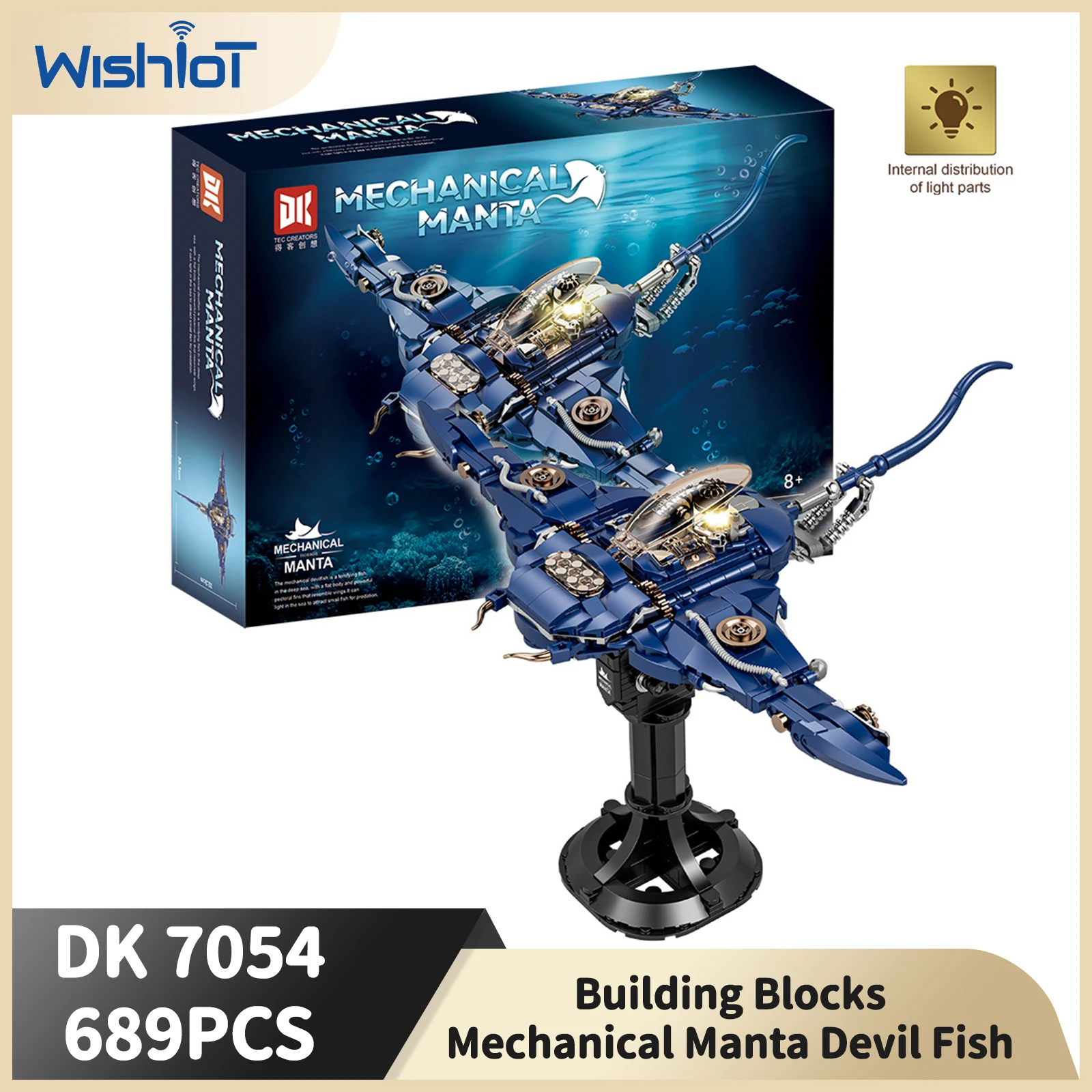 

689PCS Mechanical Manta Devil Fish Building Block Model with Lighting MOC Ocean Animal Series Bricks Set Assembly Toy Kids Gift