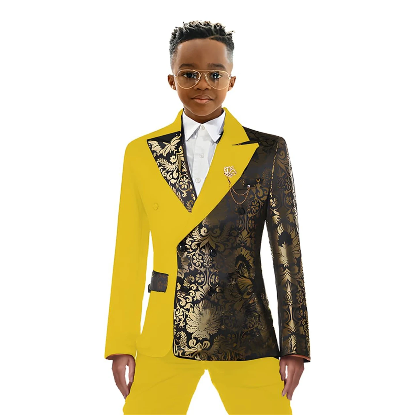 Floral Boys Suits Double Breasted Jacquard Stitching Wedding Tuxedo Slim Fit Tailored Suit 2 Pieces Party Graduation Ceremony