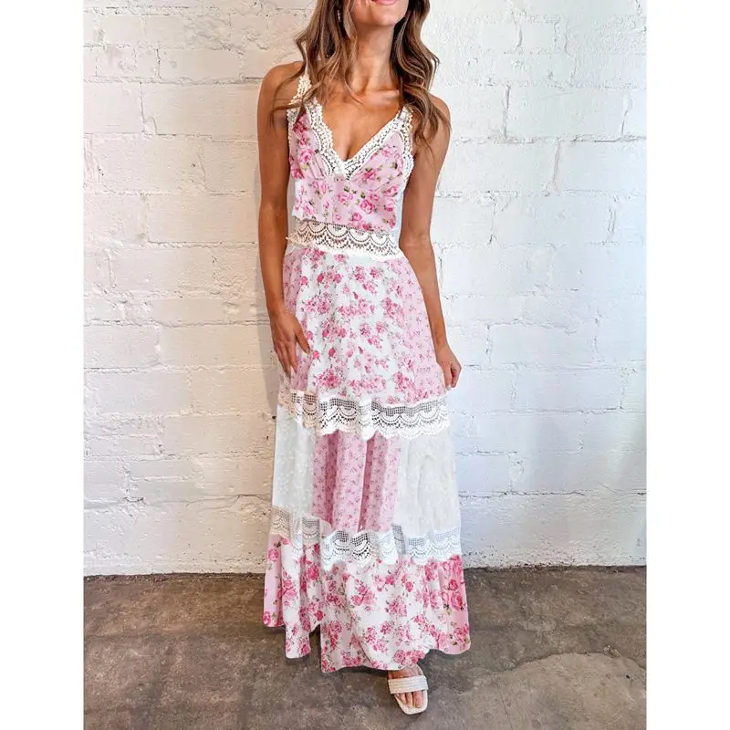 Combhasaki Damen-Sommerkleid, durchsichtige Spitze, gewellter Besatz, Blumenmuster, Patchwork, verstellbare Träger, V-Ausschnitt, fließendes A-Linien-Cami-Slip-langes Kleid