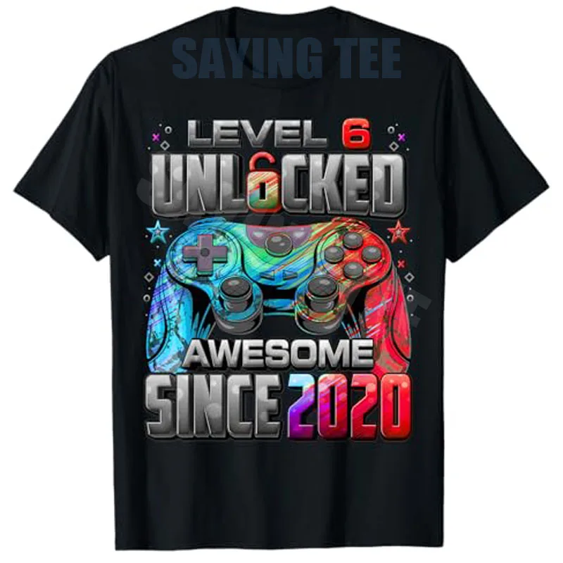 Level 6 Unlocked Awesome Since 2020 6th Birthday Gaming T-Shirt Y2k Boys Fashion 6 Years Old Video Gamer Saying Tee Novelty Gift