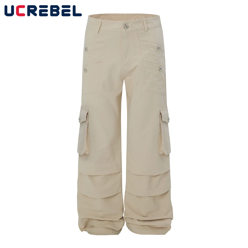 

Solid Color Multi-Pocket Cargo Pants Mens Pleated Button Decoration Retro High Street Loose Wide Leg Trousers Men