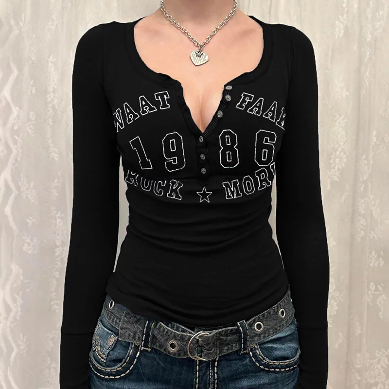 T-shirt nera donna autunno lettera stampa streetwear maniche lunghe o-collo aderente sexy top button moda casual slim tees femminile