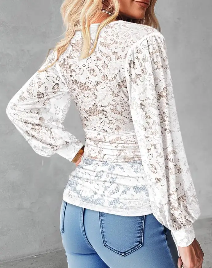

Woman Blouse 2025 Spring Fashion Contrast Lace Deep V-Neck Lantern Sleeve Lace Overlay Ruched Blouse Long Sleeve Slim Fit Top