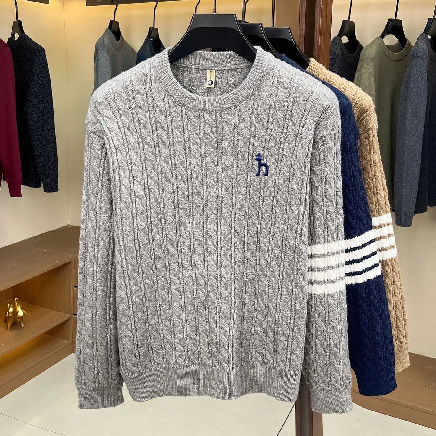 Designer Marken Pullover Männer Winter Neue Trend Streifen Design Boutique Welpen Stickerei Freizeit Komfort Warm Halten Rund Stricken Sweater – Detail 13
