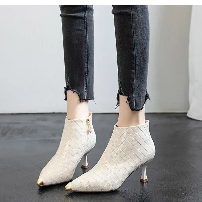 Women Ankle Boots High Heels Short Botas Winter Wedding Shoes Pointed Toe Side Zip 34 40 Black Red Beige Dropship Women Shoes