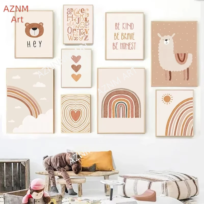 Kindergarten Wand Bilder Liebe Leinwand Malerei Sonne Regenbogen Drucke Alpaka Bär Poster Und Drucke Nordic Gemälde Kinderzimmer Dekor