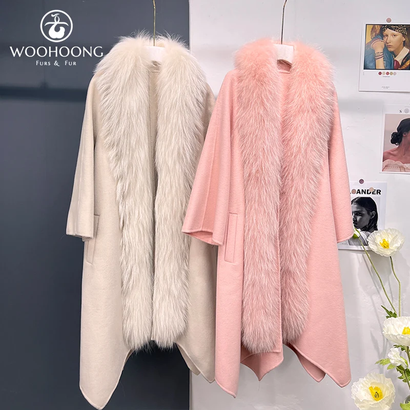 

New Winter Clothes Natural Raccoon Fur Collar Wool Coat Women'S Lengthened Cashmere Reversible Coat Fashion Real Fur Coat