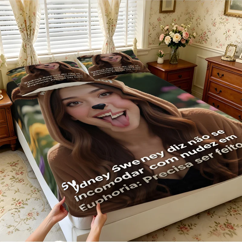 Ensemble de draps ajustés Euphoria Sydney Sweeney à imprimé oreilles d'animaux, ensemble de draps, ensemble de literie, sans garnitures, housse de matelas